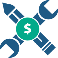 An icon of a wrench, pencil, and money symbol to illustrate the service design-build-bid