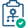 An icon with a blue clipboard with diagram of gears and a teal check mark at the bottom right corner